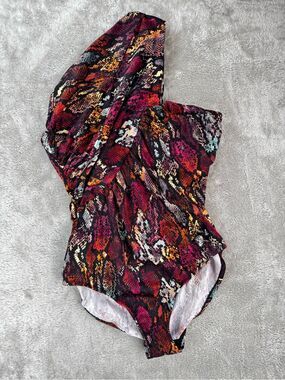 Magicsuit Ruched One-Shoulder Swimsuit | Multi-Color Snakeskin Print | Size 12